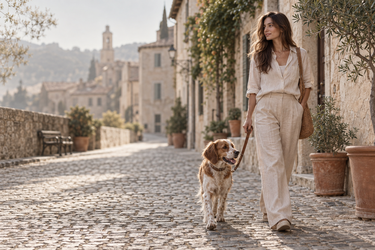avec — woman walking her dog on a European street